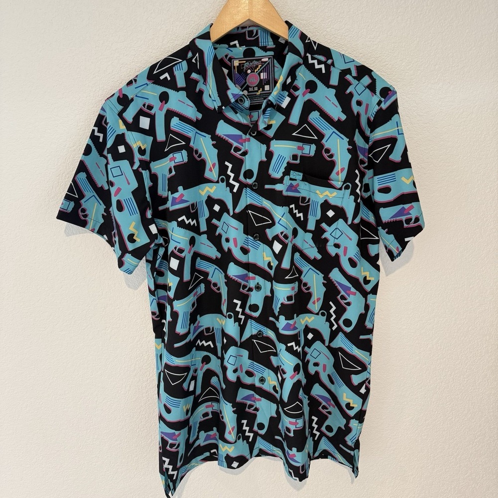 Retro Rifle The 80 Shirt Mens XL Teal All Over Print Button EUC